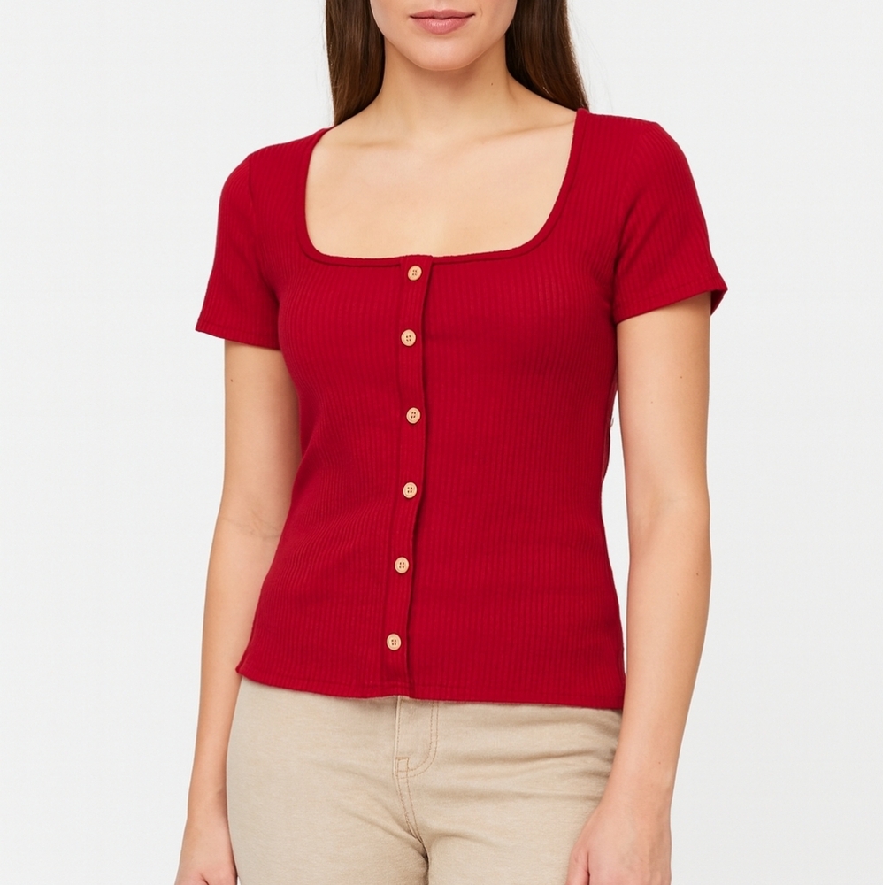 Dorothy Perkins Red‎ Ribbed Button-Front Top – Short Sleeve Square Neck/Size 8